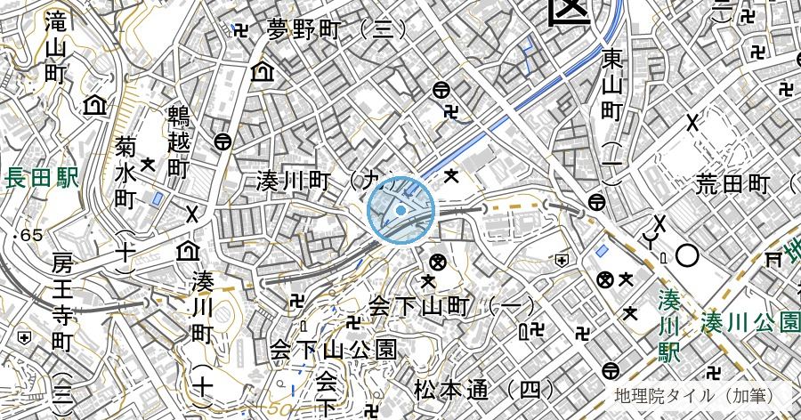 湊川隧道(会下山を貫く煉瓦の河川トンネル)の位置を示す地図