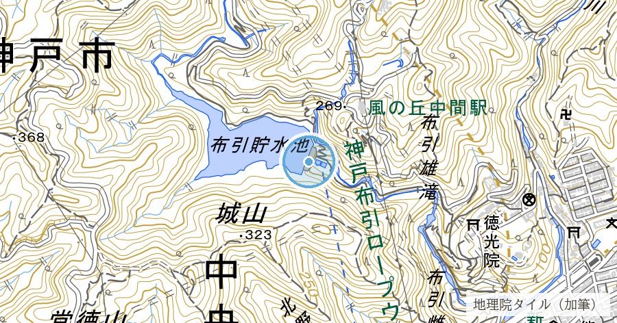 布引五本松堰堤と布引貯水池(神戸水道創設期の水源)の位置を示す地図