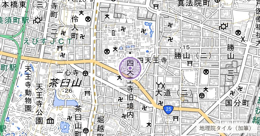 四天王寺（上町台地の霊的中心）の位置を示す地図