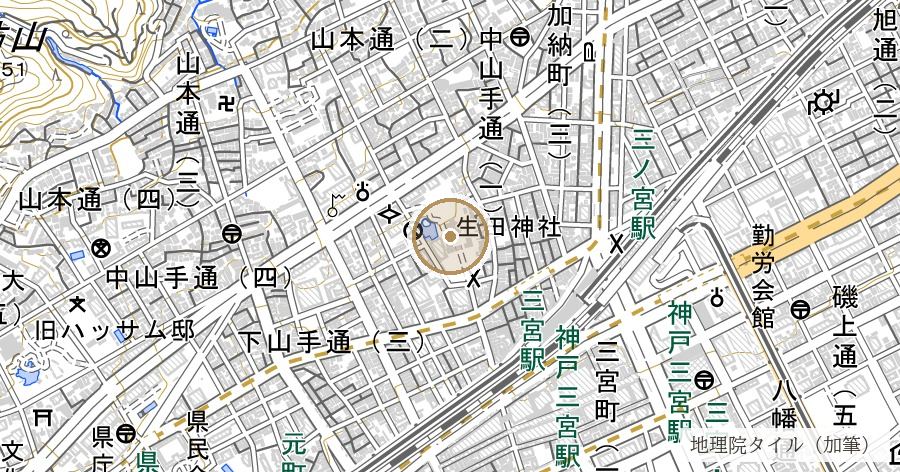生田神社と生田の森（神戸という市名の由来）の位置を示す地図