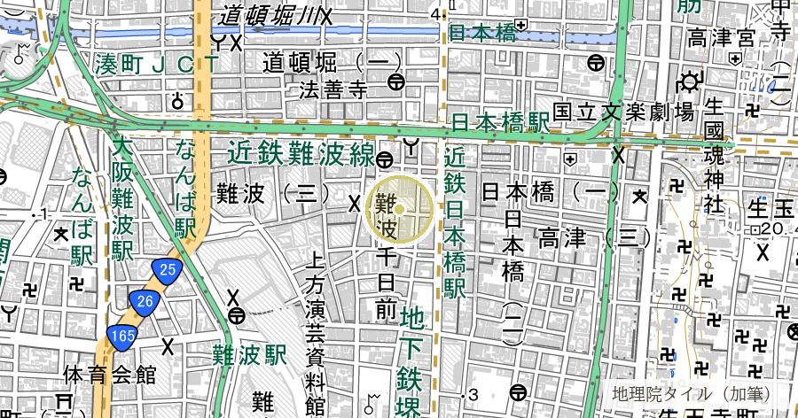 千日前の土地の記憶（来歴の紹介と記録）の位置を示す地図