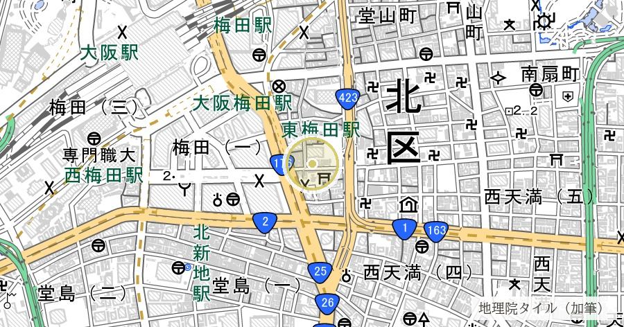 お初天神（露天神社）と曽根崎心中の位置を示す地図