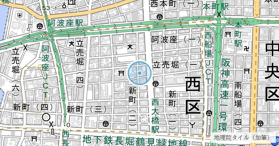 立売堀(いたちぼり)川跡の位置を示す地図