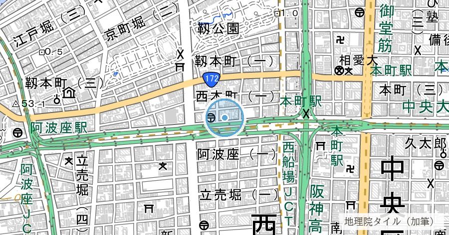海部堀川跡(靱本町・靱公園東部)の位置を示す地図
