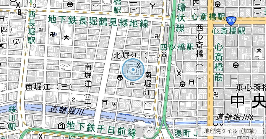 堀江川跡（北堀江・南堀江間）の位置を示す地図