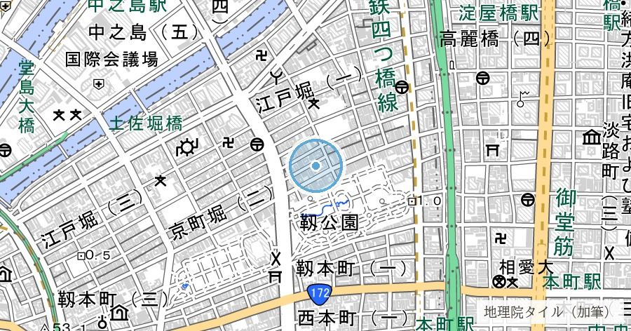 江戸堀・京町堀川跡の位置を示す地図