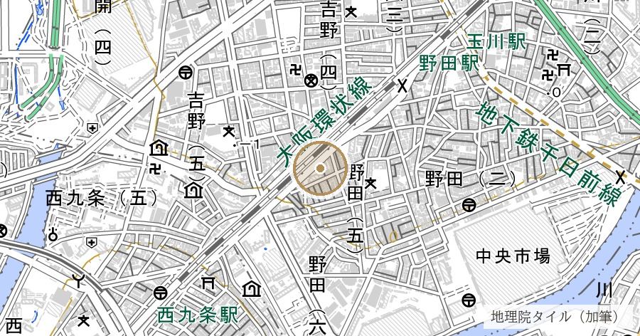 「野田」地名の由来(旧湿地帯・野田藤の名所)の位置を示す地図