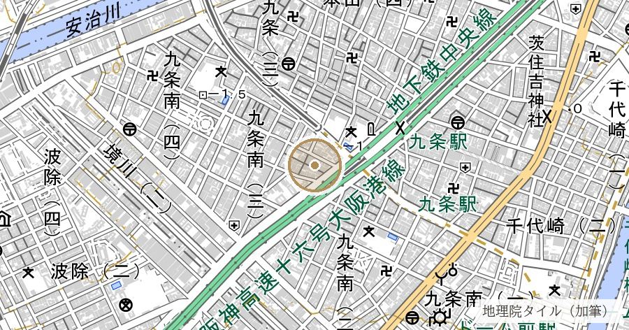 「九条」地名の由来(衢壌島説・条里制説など)の位置を示す地図