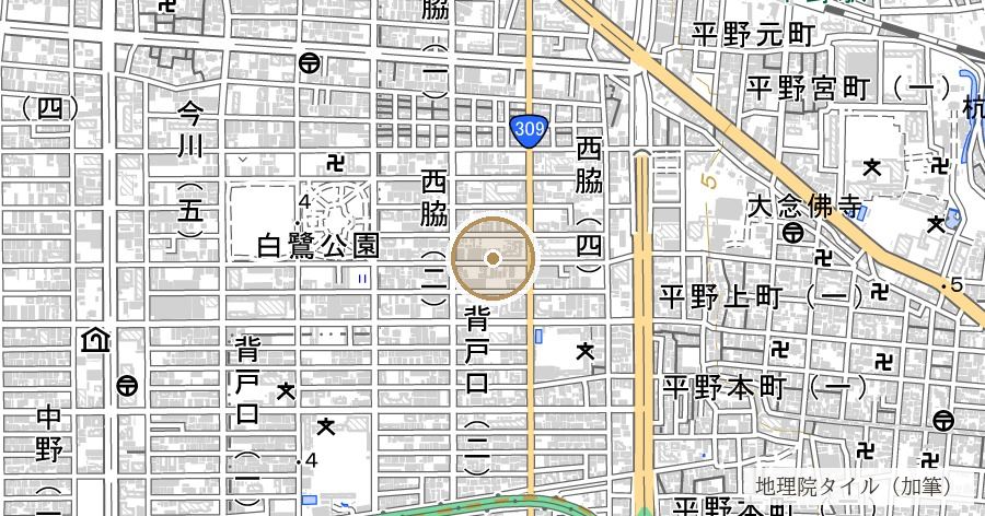 杭全神社と「杭全」地名(平野郷とのつながり)の位置を示す地図