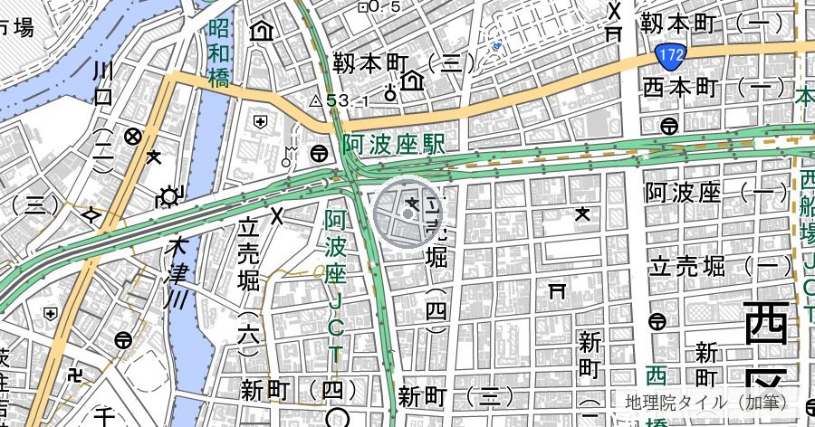 戦災復興土地区画整理事業の痕跡（西区・幹線道路網）の位置を示す地図