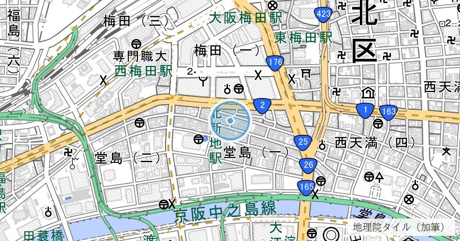 曽根崎川（蜆川）跡の位置を示す地図