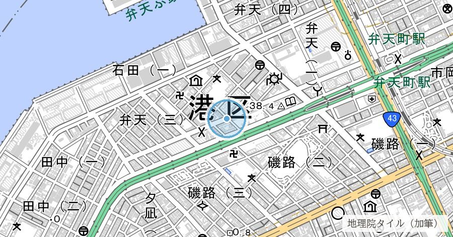 ジェーン台風 高潮浸水域(港区・大正区一帯)の位置を示す地図