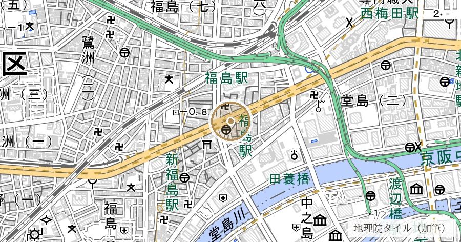 「福島」地名の由来(旧淀川河口の低湿地)の位置を示す地図