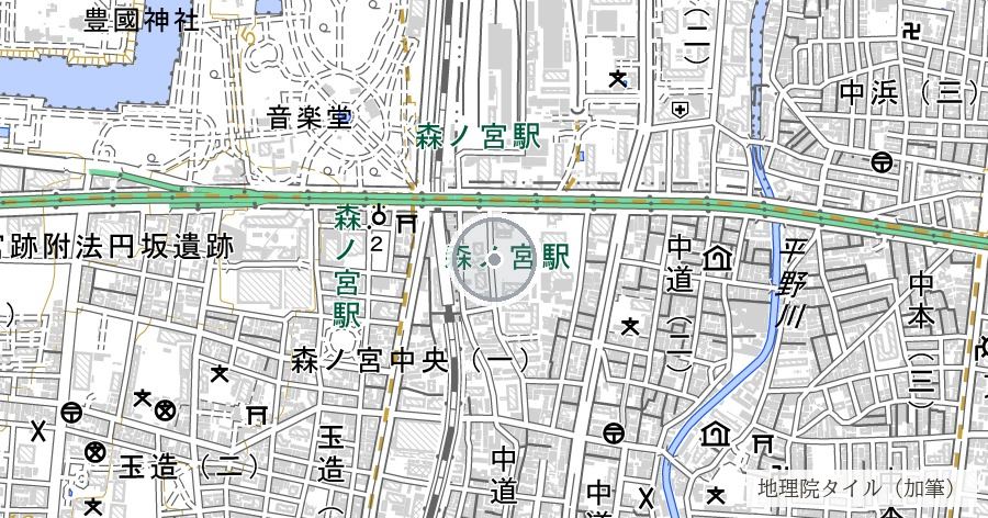 城東練兵場跡（森之宮）の位置を示す地図