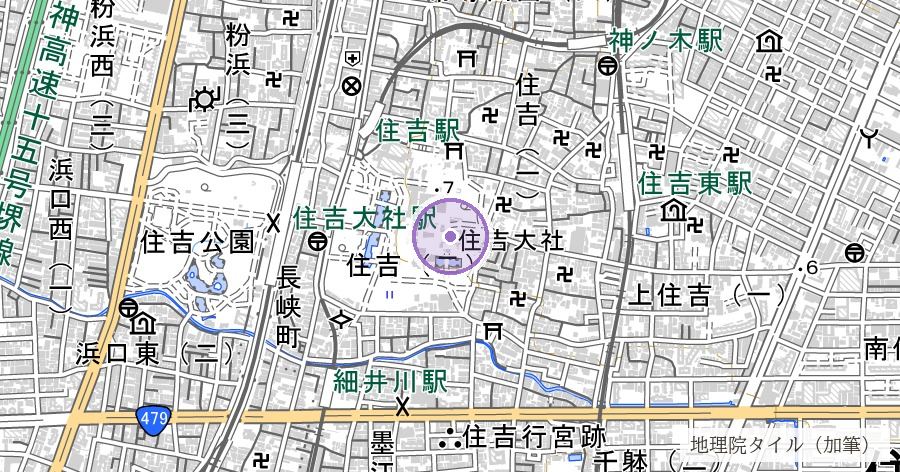 住吉大社(西向き本宮と航海の守護)の位置を示す地図