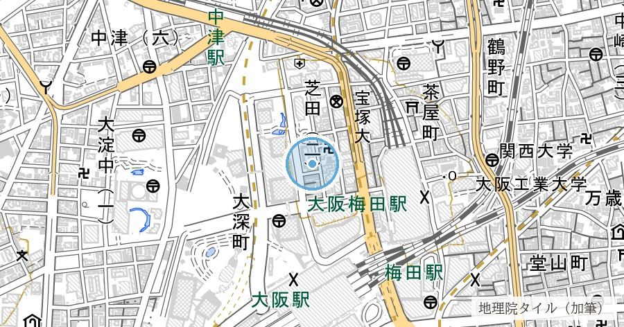 中津川跡(新淀川に呑まれた旧河道・北区中津)の位置を示す地図