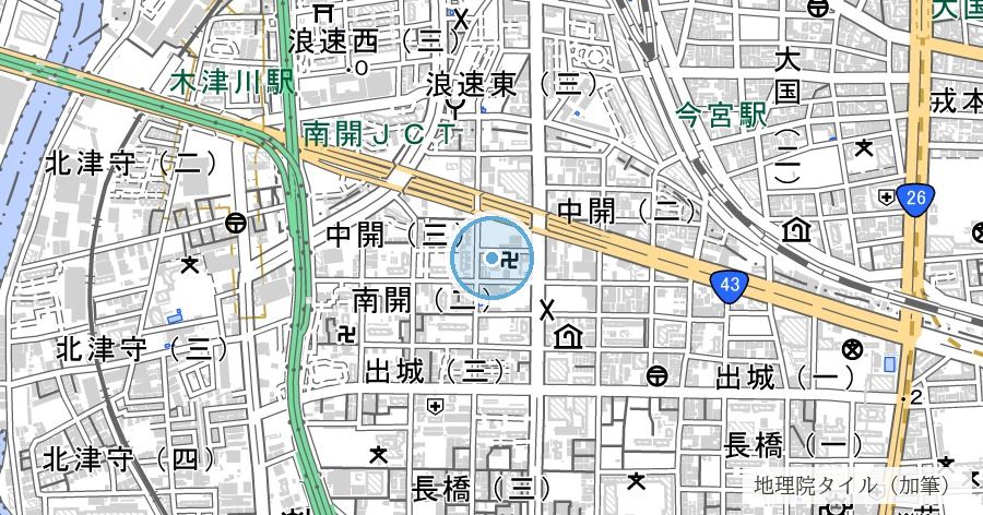 十三間堀川跡（阪神高速堺線下・浪速神社西側）の位置を示す地図