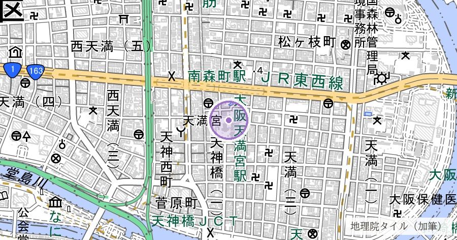 大阪天満宮 大将軍社（難波宮の西北を守った社）の位置を示す地図