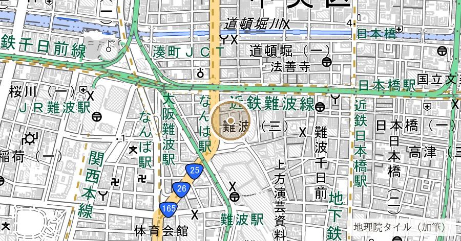 「難波」地名の由来（難波津・波速説・魚庭説の諸説併存）の位置を示す地図
