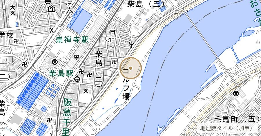 柴島（くにじま）— 旧中津川・神崎川の中州と柴島城跡の位置を示す地図