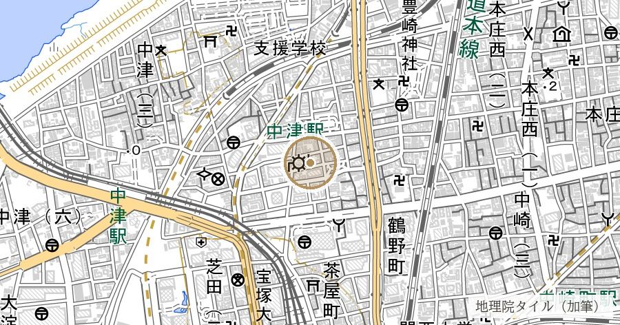 「豊崎」地名と難波長柄豊碕宮伝承(豊崎神社)の位置を示す地図