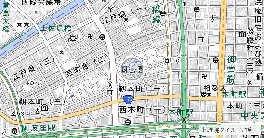 靱公園（旧靱飛行場・靱塩干魚市場跡）の位置を示す地図