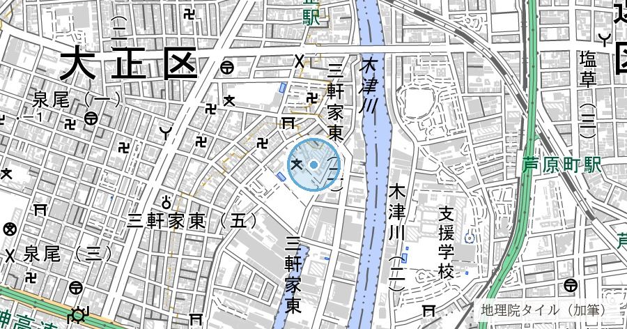 三軒家川上流部跡(百済橋跡碑)の位置を示す地図