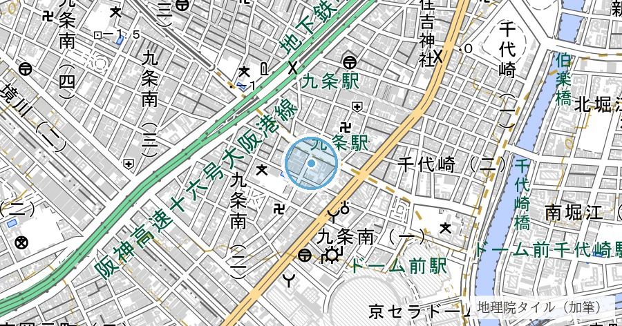 旧尻無川跡（九条・千代崎境の埋立河道）の位置を示す地図