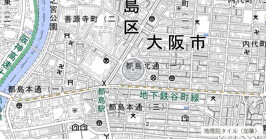 第3回大阪大空襲の被災域(都島区中心・市街東北部)の位置を示す地図