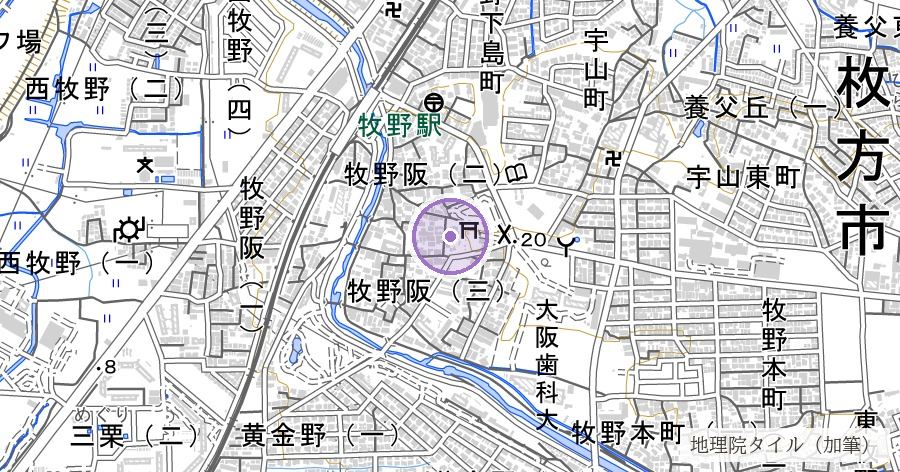 片埜神社（大坂城鬼門鎮護の社と伝わる）の位置を示す地図
