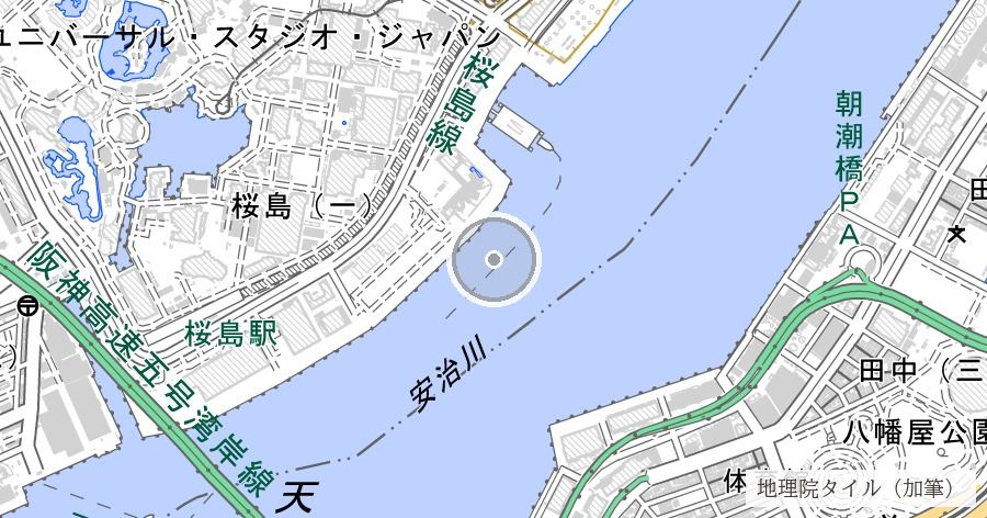 第7回大阪大空襲の被災域(此花・桜島の軍需工場精密爆撃)の位置を示す地図