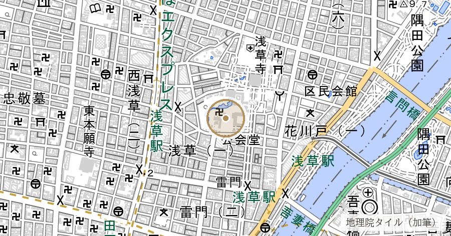 「浅草」の地名由来の位置を示す地図