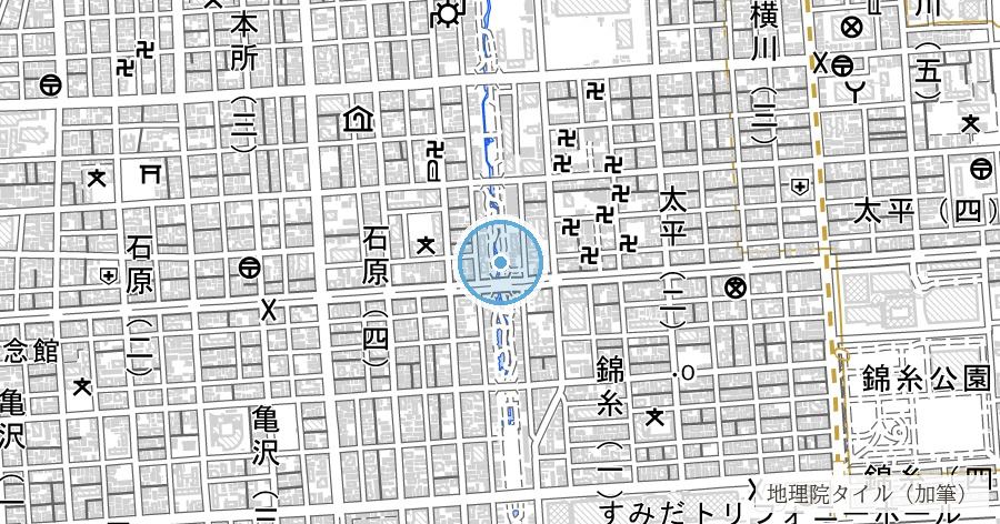 大横川の埋立区間（大横川親水公園）の位置を示す地図