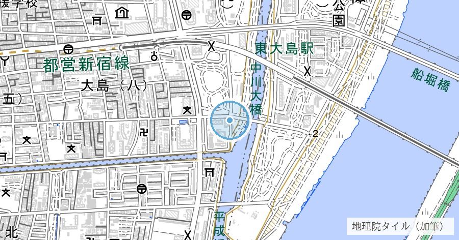 旧中川(荒川放水路開削で残った中川旧流路)の位置を示す地図