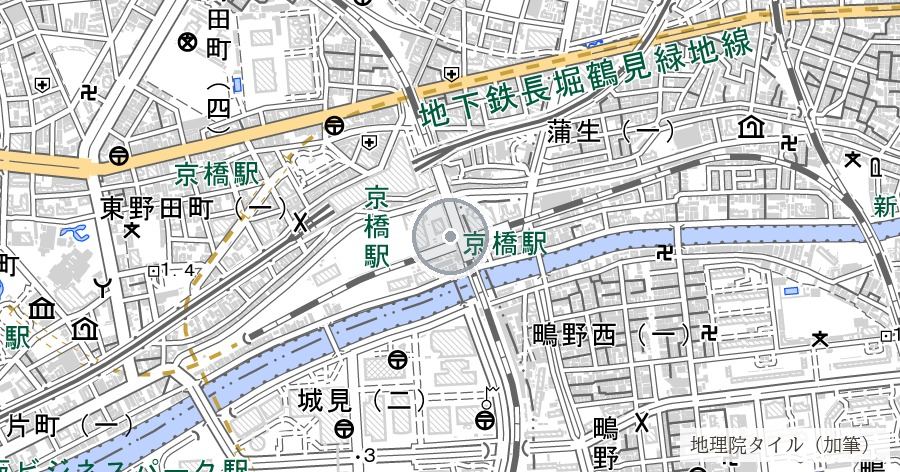 京橋駅空襲被爆地（慰霊碑）の位置を示す地図