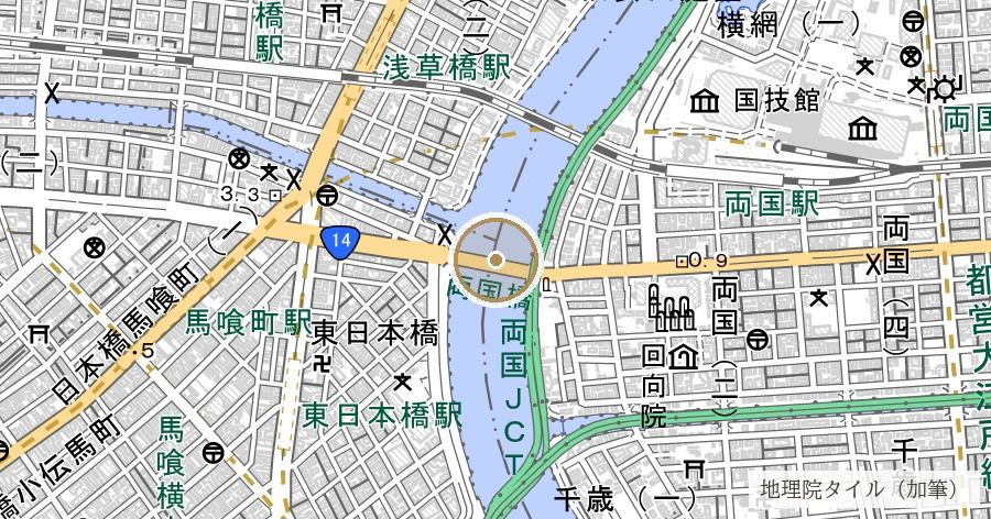 「両国」の地名由来(両国橋)の位置を示す地図