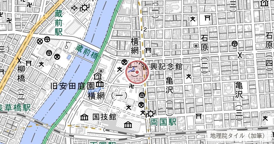 旧陸軍被服廠跡(横網町公園・東京都慰霊堂)の位置を示す地図