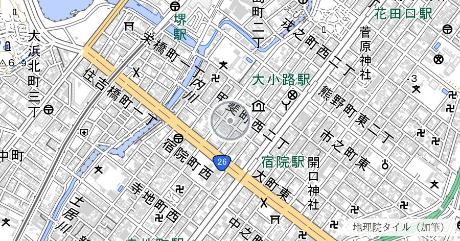 第6回大阪大空襲の被災域(堺市街中心・堺大空襲)の位置を示す地図