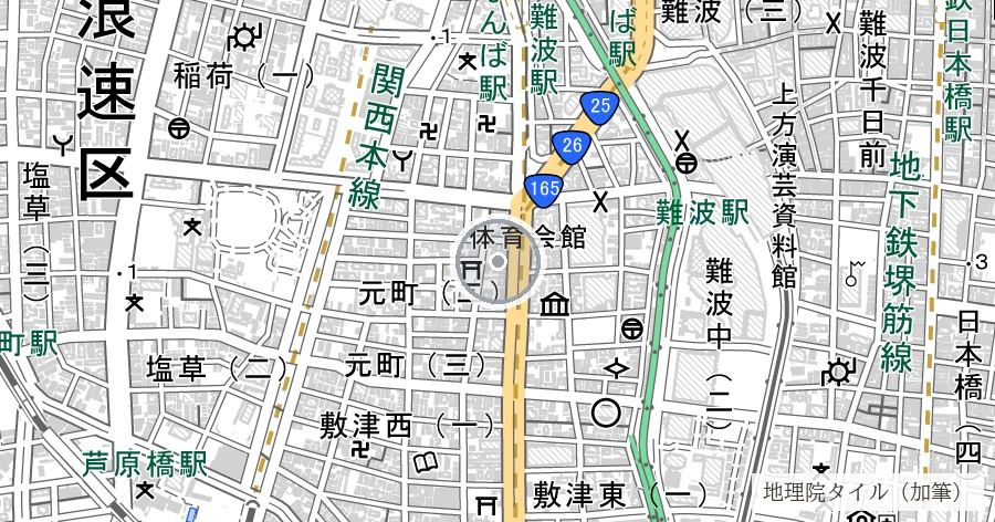 第1回大阪大空襲の中心焼失域(ミナミ〜市街西部)の位置を示す地図