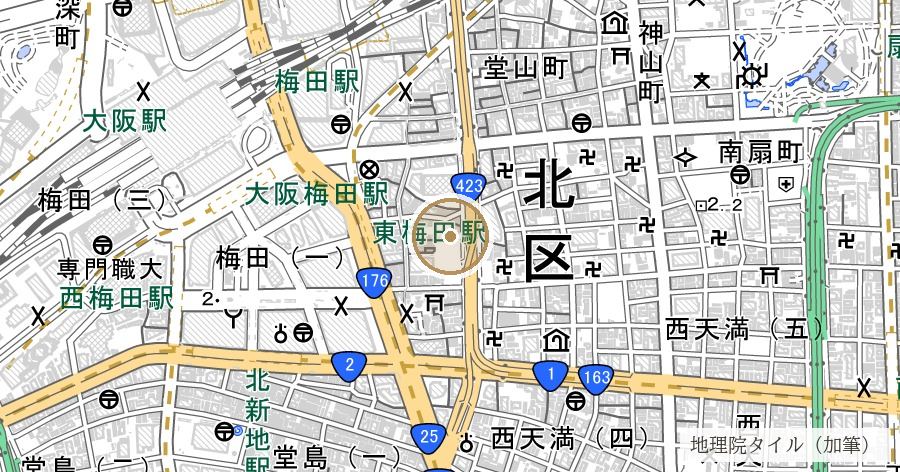 「曽根崎」地名の由来(曾根崎洲・そね説)の位置を示す地図
