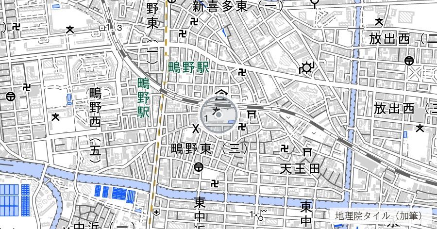 鴫野古戦場跡(大坂冬の陣・鴫野の戦い)の位置を示す地図
