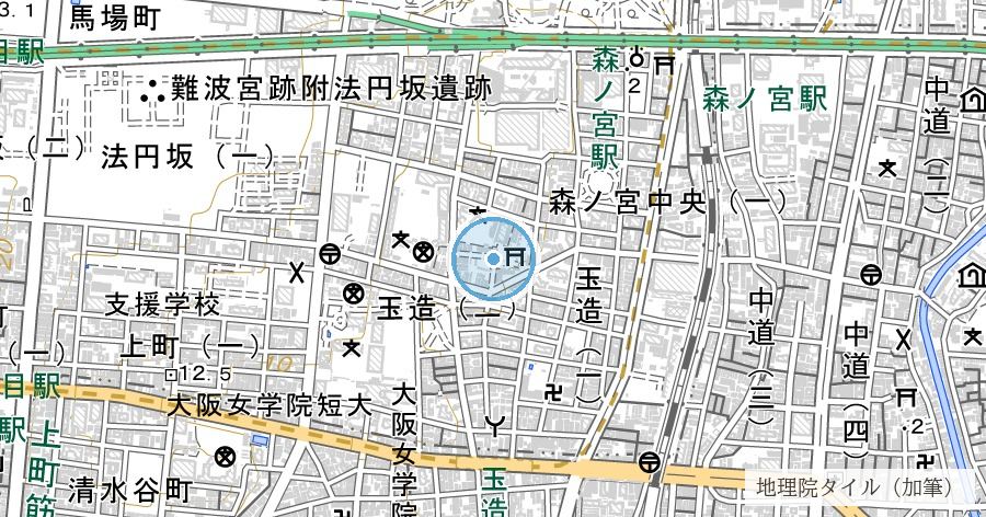 猫間川跡（玉造稲荷神社の猫間川川浚碑）の位置を示す地図