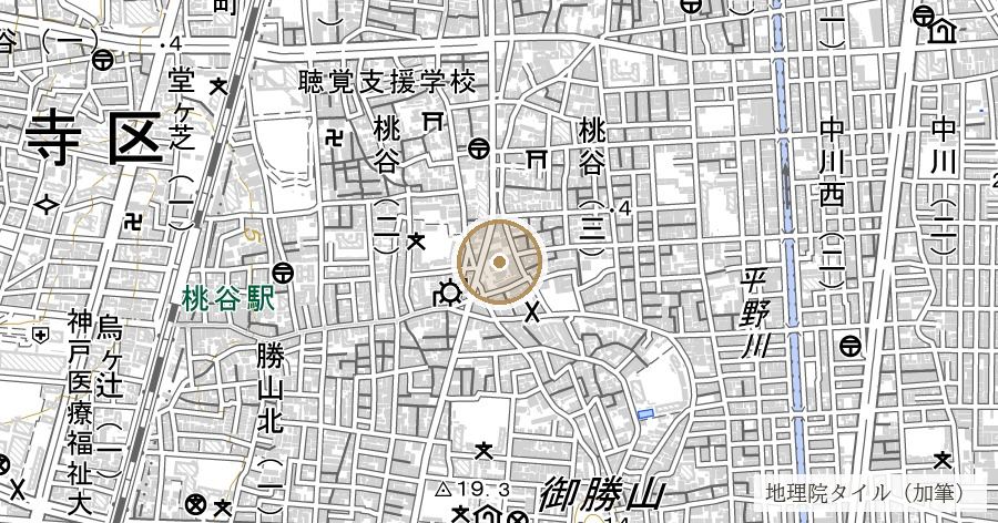 つるのはし跡(猪甘津の橋・鶴橋地名の由来)の位置を示す地図