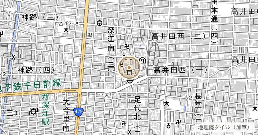 深江（笠縫の里）と深江稲荷神社の位置を示す地図