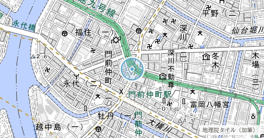 油堀川跡(油堀川公園)の位置を示す地図